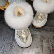 2023女加绒保暖防水白色雪地靴狐狸，毛重工(毛重工，)棉靴短筒水钻牛皮鞋
