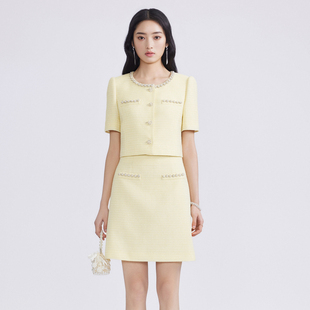 lime莱茵柠檬黄色外套半裙套装，2024夏优雅(夏优雅)圆领直筒花呢小香风
