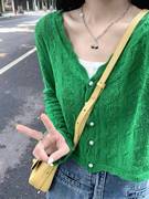 绿色短款冰丝针织开衫女学生春秋季薄款外搭披肩罩衫长袖上衣外套