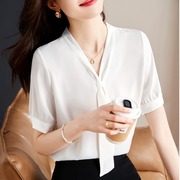 白色雪纺衫飘带衬衣短袖衬衫女2024夏韩版高级感职业通勤上衣