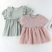 出口日本儿童甜美短袖t恤女童娃娃衫蕾丝，花边裙式半袖上衣120-140