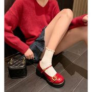 红色真皮玛丽珍鞋女2024年法式一字，扣带厚底百搭增高浅口单鞋