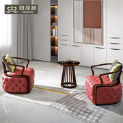 雅居格新中式客厅实木休闲椅边桌组合简约乌金木纯实木真皮沙发椅