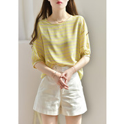 黄色条纹真丝衬衫女夏季2023别致上衣设计感桑蚕丝衬衣蝙蝠袖