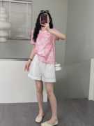 新中式国风扎染短袖t恤女2024夏季宽松圆领粉色复古烫钻上衣
