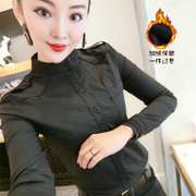 加绒衬衫女长袖冬季保暖衬衣韩版立领设计感气质黑色打底衫潮