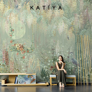 Katiya美式手绘油画花草墙布法式客厅电视背景墙壁画无缝沙发壁纸
