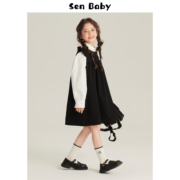 senbaby女童连衣裙2024春儿童裙娃娃领衬衫+小飞袖背心裙套装