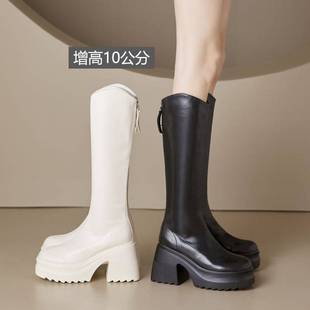 增高10厘米厚底高筒靴女2023秋冬季加绒高跟靴子小个子骑士靴