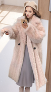 粉红色西装领羊羔毛呢子大衣女冬季杏色加厚加棉长款毛呢显瘦外套