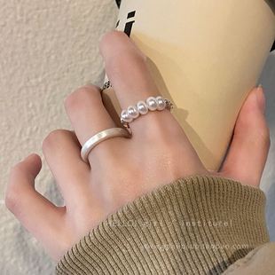 巴洛克珍珠开口戒指女秋冬轻奢高级感小众设计拉丝金属套装食指戒