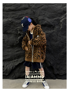 iaiammo24SS 原创设计 豹纹纯棉毛圈底连帽开衫儿童卫衣外套