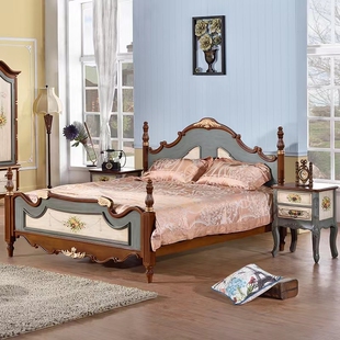 美式彩绘实木床主卧1.5米1.8米双人床地中海复古卧室婚房组合套装