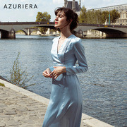 azuriera法式浅蓝色真丝长袖连衣裙，设计感秋装，系带抽褶茶歇裙长裙
