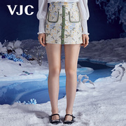 VJC/威杰思2023秋季女装复古印花短裙国风气质修身半身短裙
