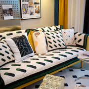 北欧复古墨绿几何设计沙发垫，防滑秋季绒面加厚沙发，盖巾保暖套罩盖