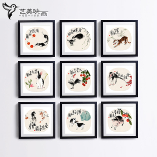 国画十二生肖中式12鼠牛虎兔龙蛇马羊猴鸡狗猪装饰挂画有框