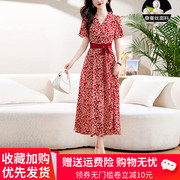 杭州大牌真丝连衣裙女装，夏季v领气质高腰短袖，条纹桑蚕丝裙子