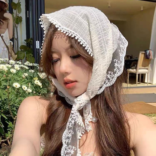 法式蕾丝三角巾女夏季甜美可爱头巾度假拍照发带，森系绑包百搭头饰