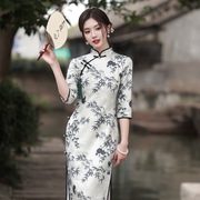 水墨旗袍春季女中式麂皮绒，印花高端优雅气质显瘦日常旗袍裙