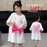 女童夏装蝴蝶结短袖t恤白色上衣中长款连衣裙中大童洋气时髦
