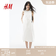 hm女装连衣裙2024夏季休闲无袖，圆领系带中长连衣裙1238893