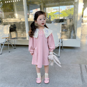 韩国童装2023春女童甜美粉小兔蕾丝翻领双排扣针织连衣裙娃娃衬裙