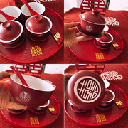 喜碗结婚敬茶杯茶具，茶碗碗筷套装改口喜庆红色盖碗陶瓷喜杯礼盒装