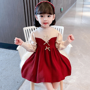 女童连衣裙春秋款洋气韩版儿童，加绒毛衣公主，裙女宝宝红色针织裙子