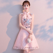年轻旗袍夏季2024女短款中国风少女改良版粉色伴娘礼服连衣裙