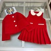 品牌女童呢子套装冬季韩系时髦外套百褶背心裙两件套红色新年