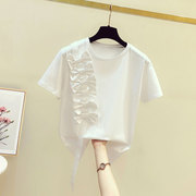 2023夏装韩版立体蝴蝶结拼接圆领短袖T恤女休闲气质白色上衣