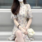 夏季新中式国风气质收腰短袖碎花裙子高级感改良年轻旗袍连衣裙女