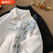 新中式轻国风衬衫男生短袖2024夏季潮牌设计感高级盘扣半袖衬衣服