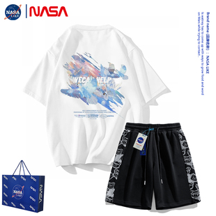 NASA联名休闲套装短裤短袖t恤男士夏季女情侣装2023潮牌套装