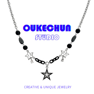 oukechun黑白星星拼接项链，y2k辣妹嘻哈个性配饰，女小众轻奢锁骨链