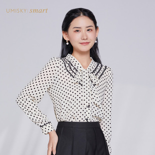 umisky优美世界女装2023秋复古波点蕾丝花边，雪纺衬衫vi3g2016