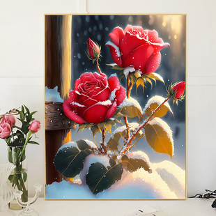 红玫瑰花卉风景钻石画，2024手工5d小幅贴钻十字绣客厅餐厅满钻