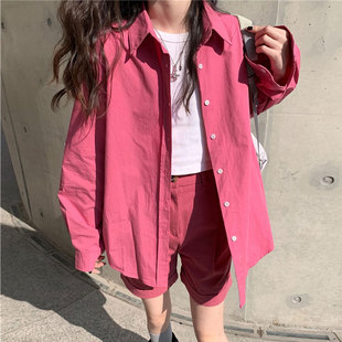 百思朵树莓色衬衫，女小个子高级感玫粉色上衣梅子色，宽松玫红色外套