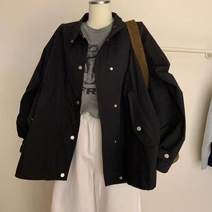 大码黑色立领工装外套女春秋季胖mm300斤朋克风宽松显瘦百搭上衣
