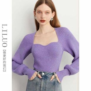 俪洛法式宫廷风紫罗兰色，灯笼袖套头针织衫，女2023秋季方口毛衣