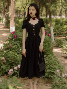 夏季法式小众复古黑色泡泡袖，连衣裙收腰显瘦气质女神范小黑裙礼服