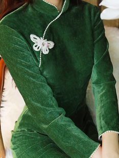 绿色旗袍2022年改良女复古民国老上海高端气质长袖长款连衣裙
