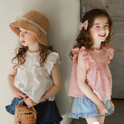 夏款韩国童装女童花边T恤女宝宝洋气飞袖甜美公主蕾丝上衣娃娃衫