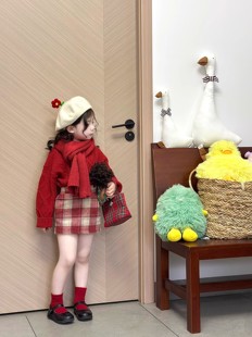 韩国童装2023冬季女童圣诞新年红色麻花套头毛衣+复古红格子半裙