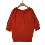 羊毛衫女 圆领套头毛衣桔红色 精纺七分袖2023年春秋冬季宽松