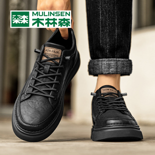 木林森男鞋冬季黑色英伦，皮鞋低帮加绒保暖棉鞋一脚蹬工作休闲板鞋