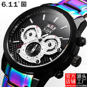 6.11watch源头工厂炫彩全钢表带六针石英表多功能个性运动男手表