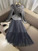 vanlu高级灰色系d家优雅套装v领裙摆a字，长袖外套+网纱半身裙女