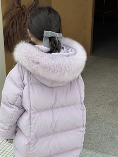 韩国女童中长款羽绒服2023冬季儿童宝宝加厚白鸭绒真毛领外套